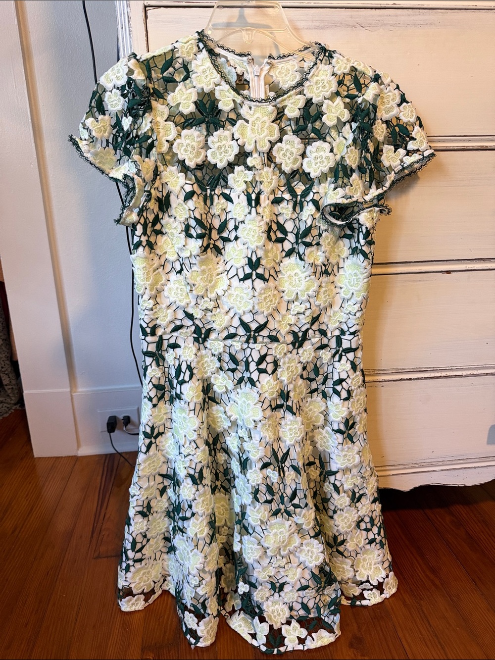 Shoshanna Green and Cream Floral Lace Mini Dress